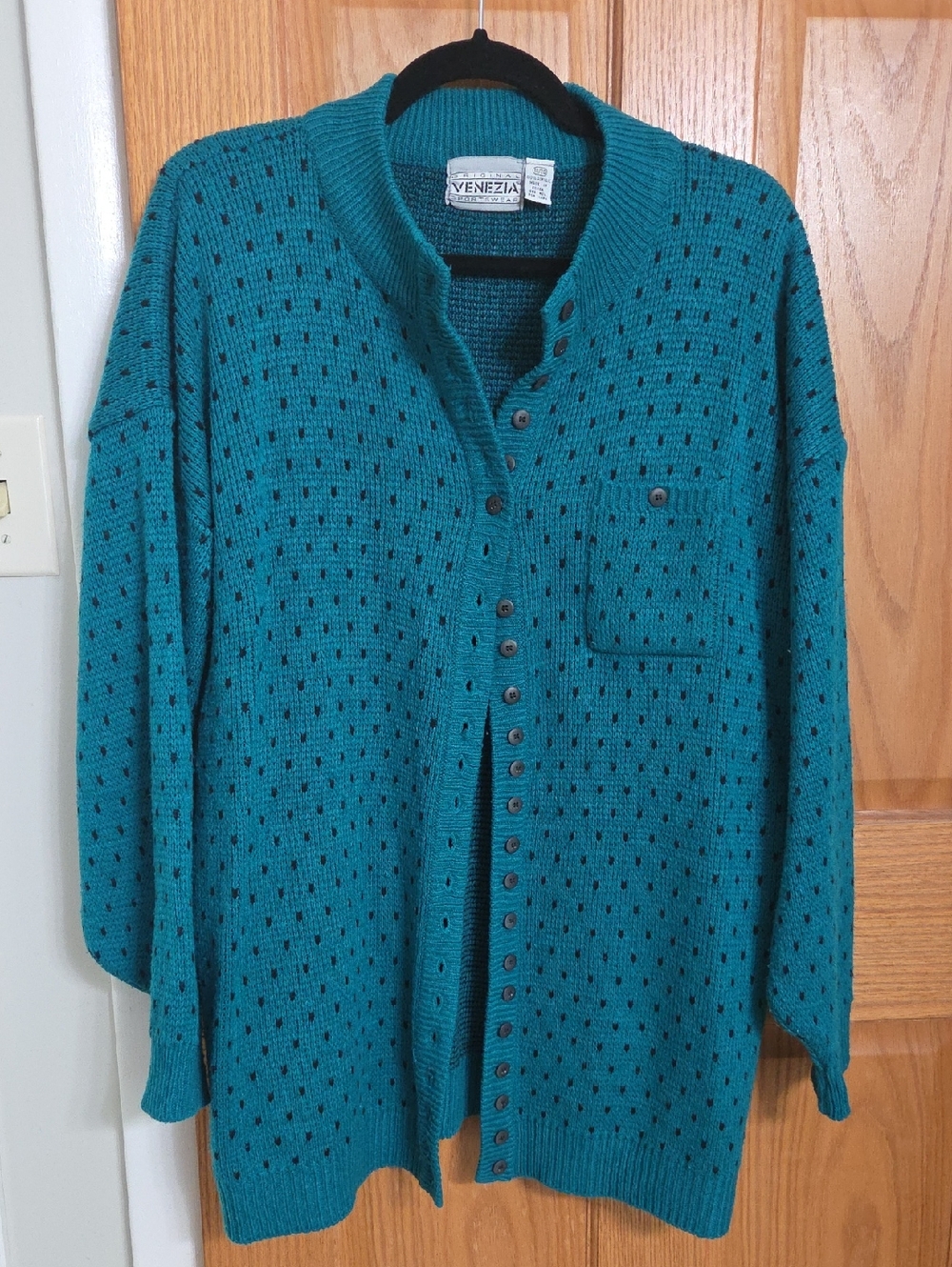 Venezia Plus 18/20 80s Vintage Button-Front Teal Knit Cardigan W/Shoulder Pads